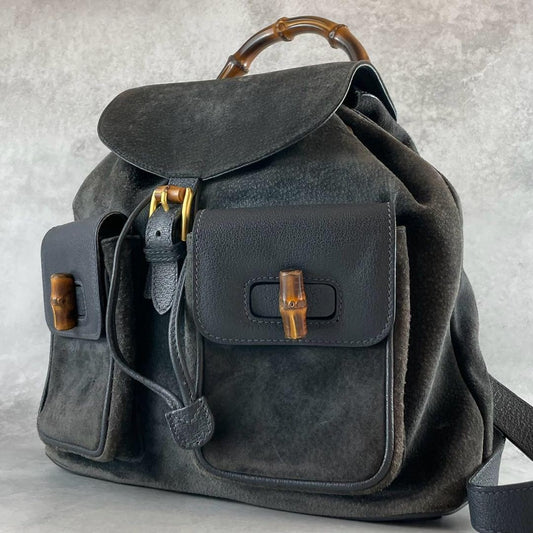 GUCCI Backpack Bamboo Suede Leather Black Navy Authentic