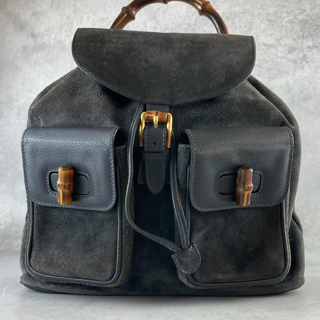 GUCCI Backpack Bamboo Suede Leather Black Navy Authentic