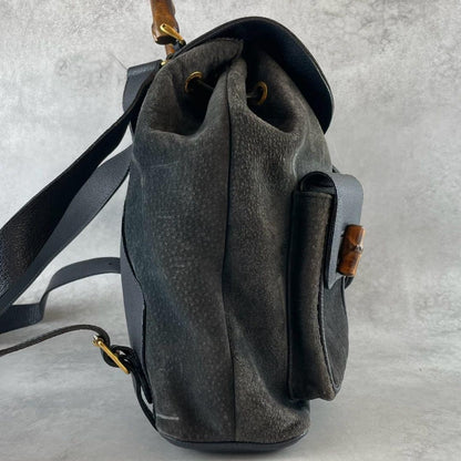 GUCCI Backpack Bamboo Suede Leather Black Navy Authentic
