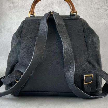 GUCCI Backpack Bamboo Suede Leather Black Navy Authentic
