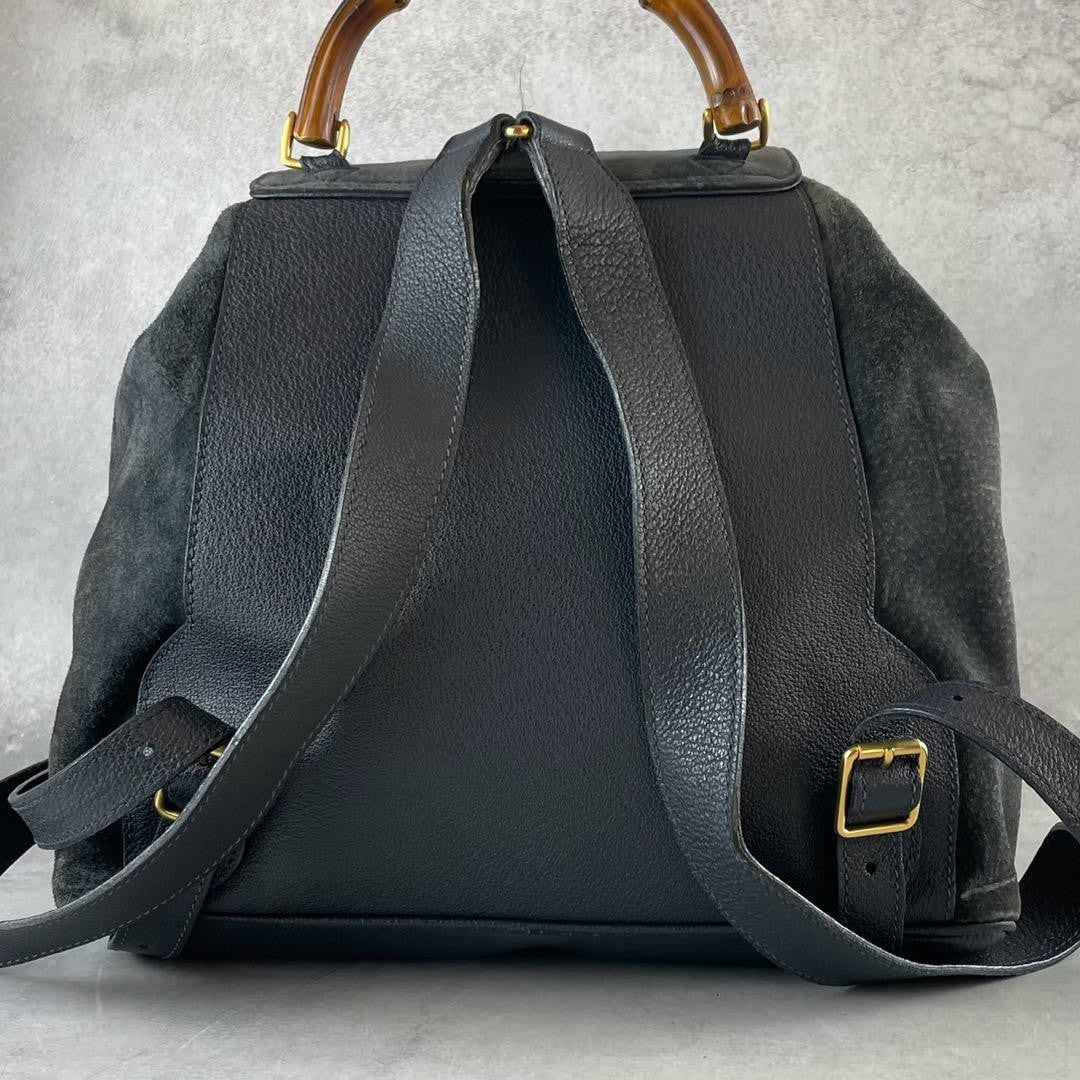 GUCCI Backpack Bamboo Suede Leather Black Navy Authentic