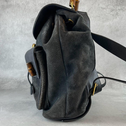 GUCCI Backpack Bamboo Suede Leather Black Navy Authentic