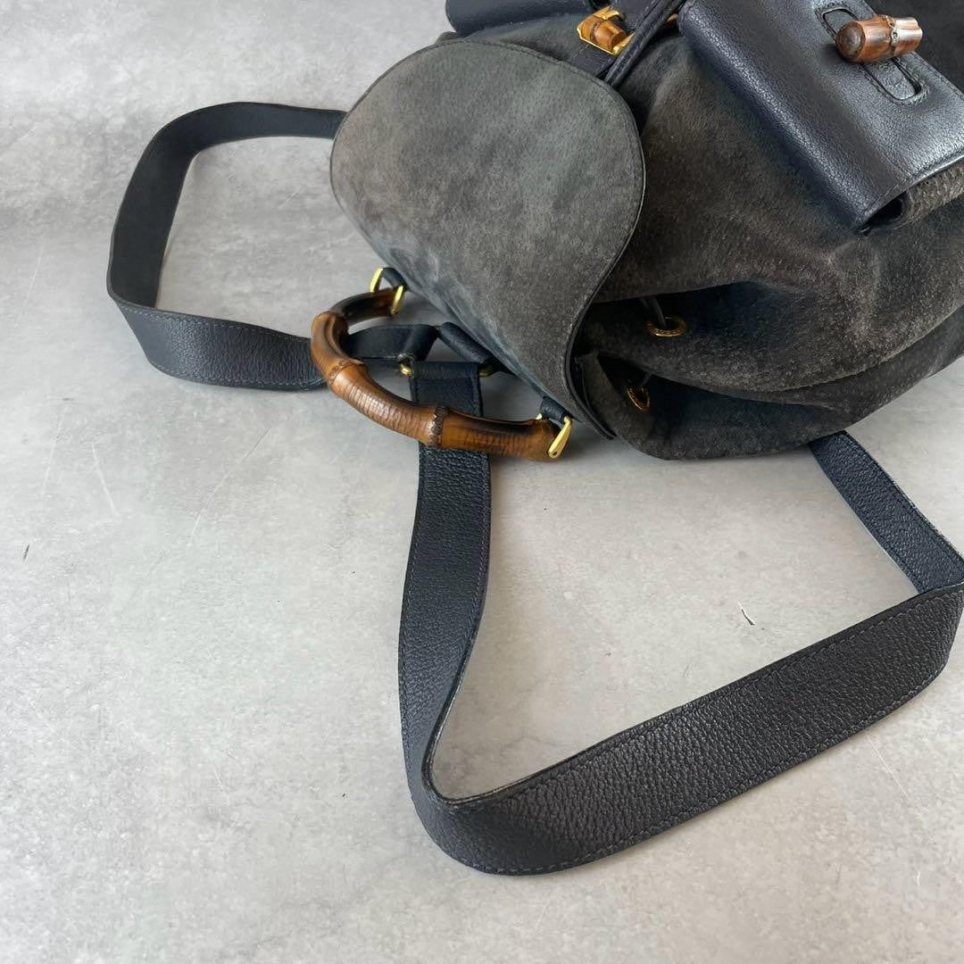 GUCCI Backpack Bamboo Suede Leather Black Navy Authentic
