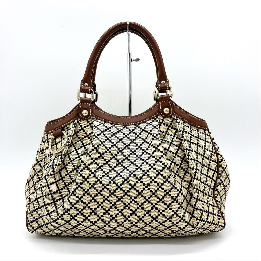 GUCCI Hand Bag Tote Purse Diamante Canvas Leather Beige Brown Navy Authentic