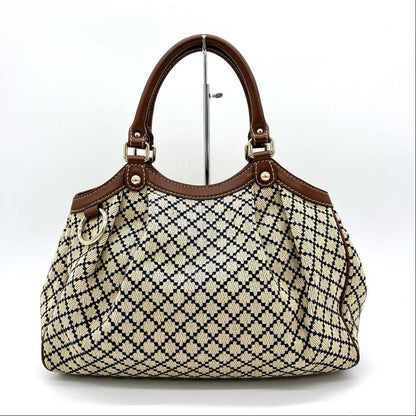 GUCCI Hand Bag Tote Purse Diamante Canvas Leather Beige Brown Navy Authentic