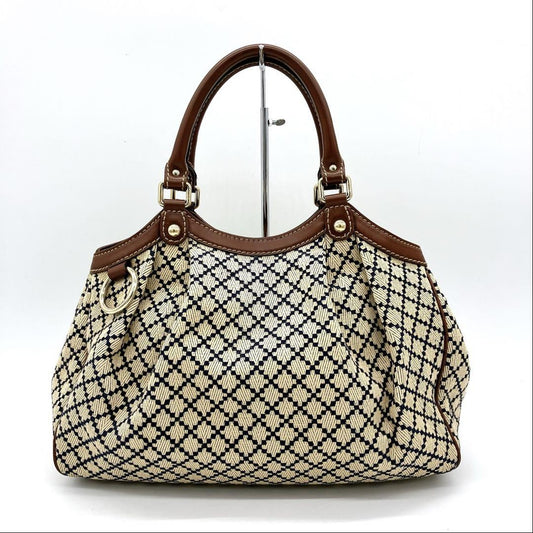 GUCCI Hand Bag Tote Purse Diamante Canvas Leather Beige Brown Navy Authentic