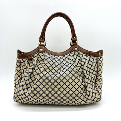 GUCCI Hand Bag Tote Purse Diamante Canvas Leather Beige Brown Navy Authentic