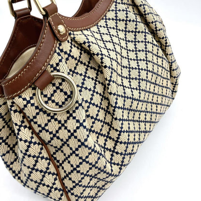GUCCI Hand Bag Tote Purse Diamante Canvas Leather Beige Brown Navy Authentic