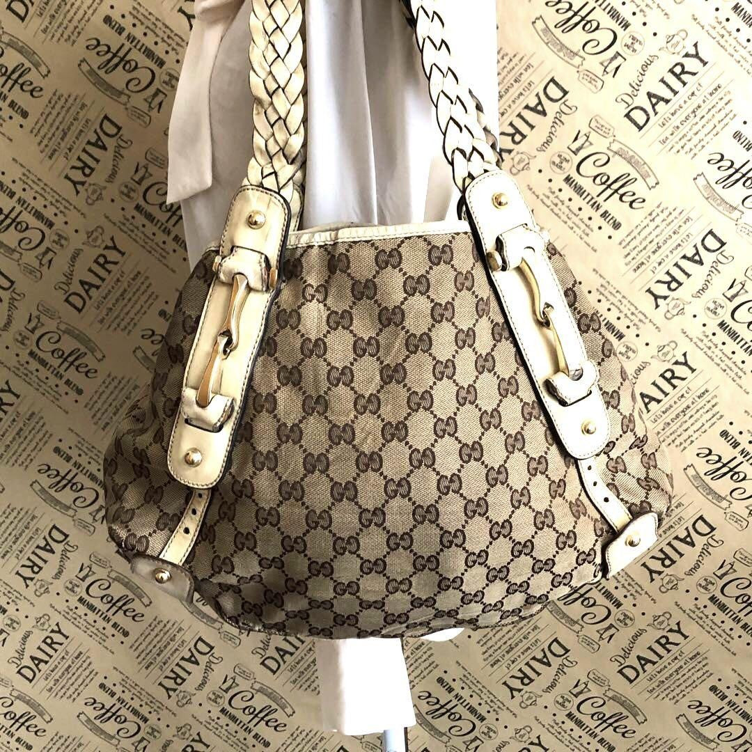 GUCCI Hand Bag Tote Purse GG Canvas Leather Authentic