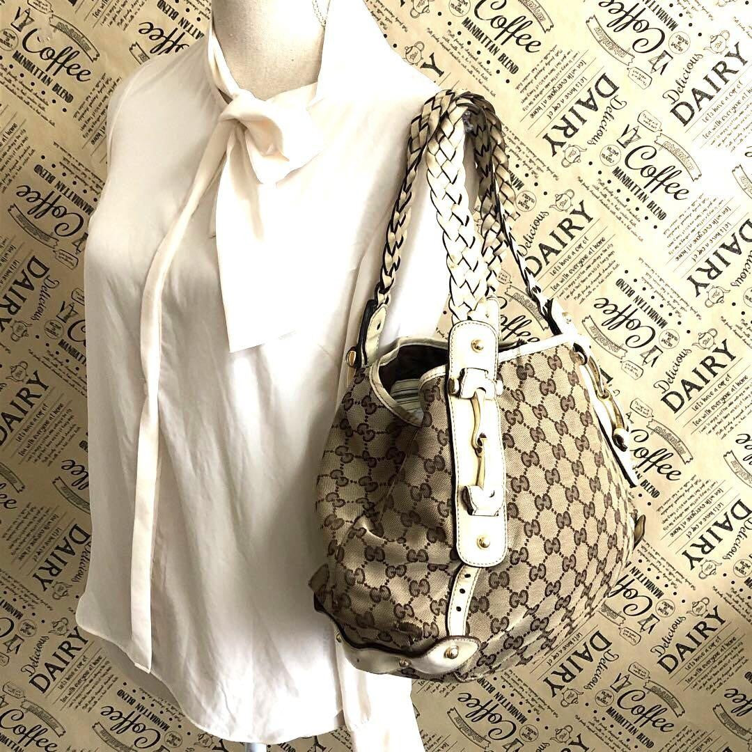 GUCCI Hand Bag Tote Purse GG Canvas Leather Authentic