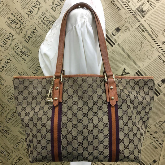GUCCI Hand Bag Tote Purse GG Canvas Leather Brown Purple Authentic