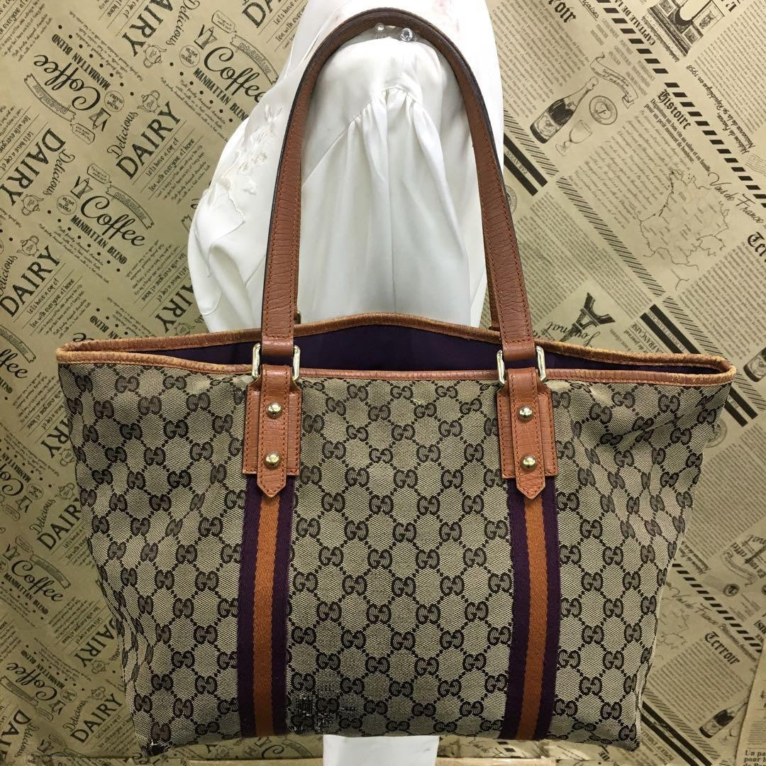 GUCCI Hand Bag Tote Purse GG Canvas Leather Brown Purple Authentic