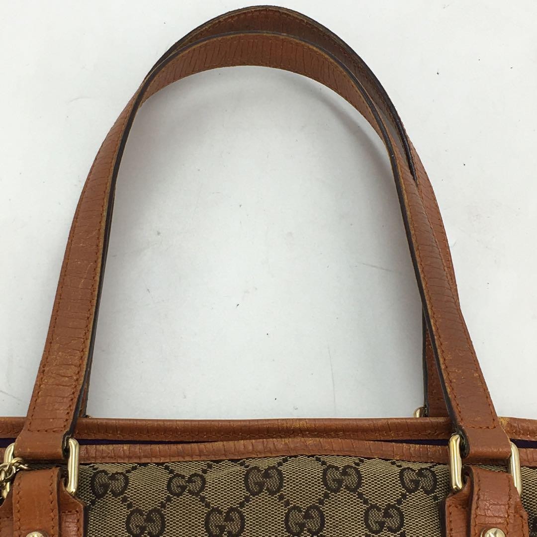 GUCCI Hand Bag Tote Purse GG Canvas Leather Brown Purple Authentic