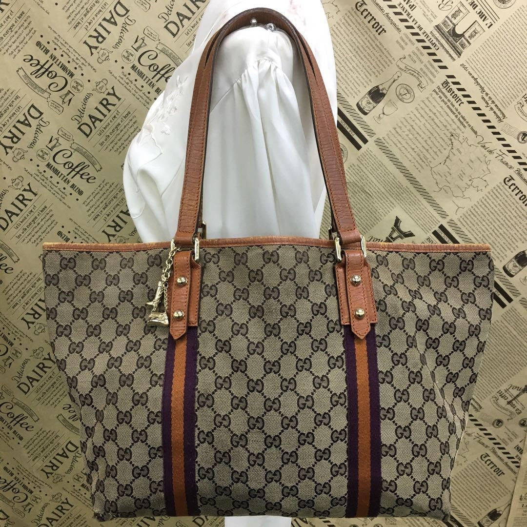 GUCCI Hand Bag Tote Purse GG Canvas Leather Brown Purple Authentic