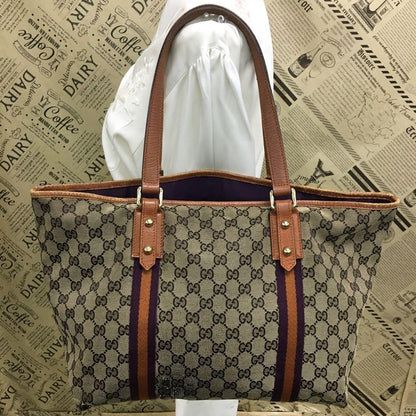 GUCCI Hand Bag Tote Purse GG Canvas Leather Brown Purple Authentic