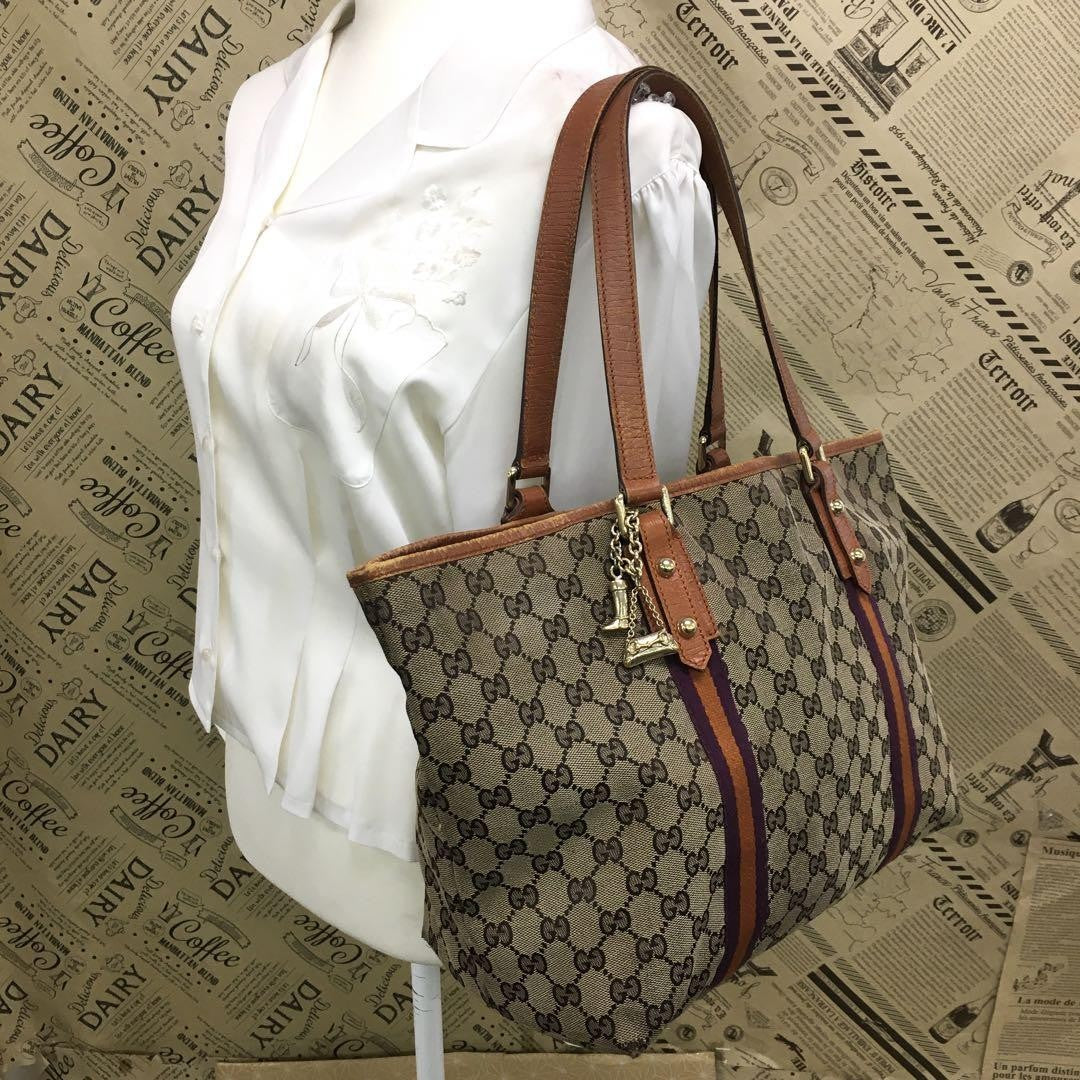GUCCI Hand Bag Tote Purse GG Canvas Leather Brown Purple Authentic