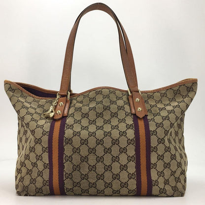 GUCCI Hand Bag Tote Purse GG Canvas Leather Brown Purple Authentic