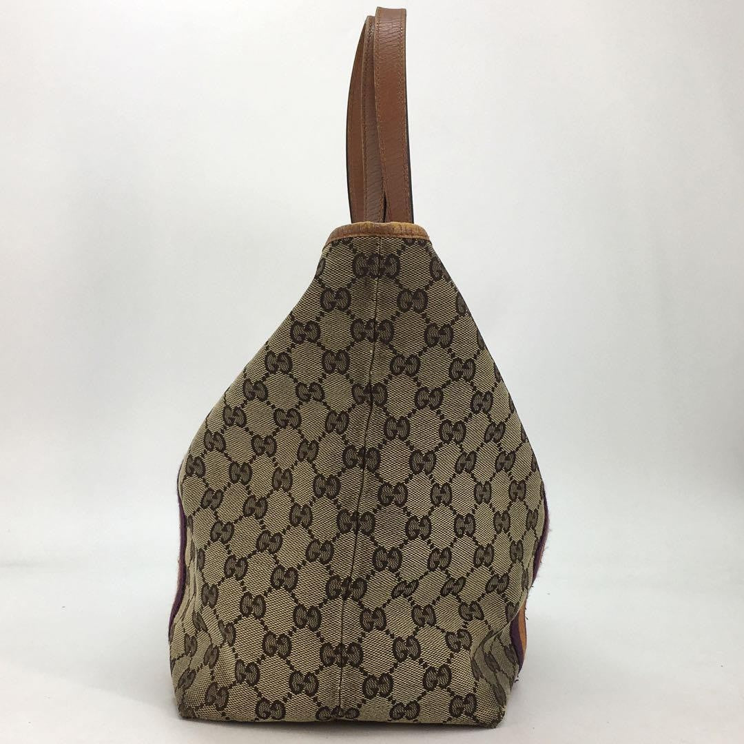 GUCCI Hand Bag Tote Purse GG Canvas Leather Brown Purple Authentic