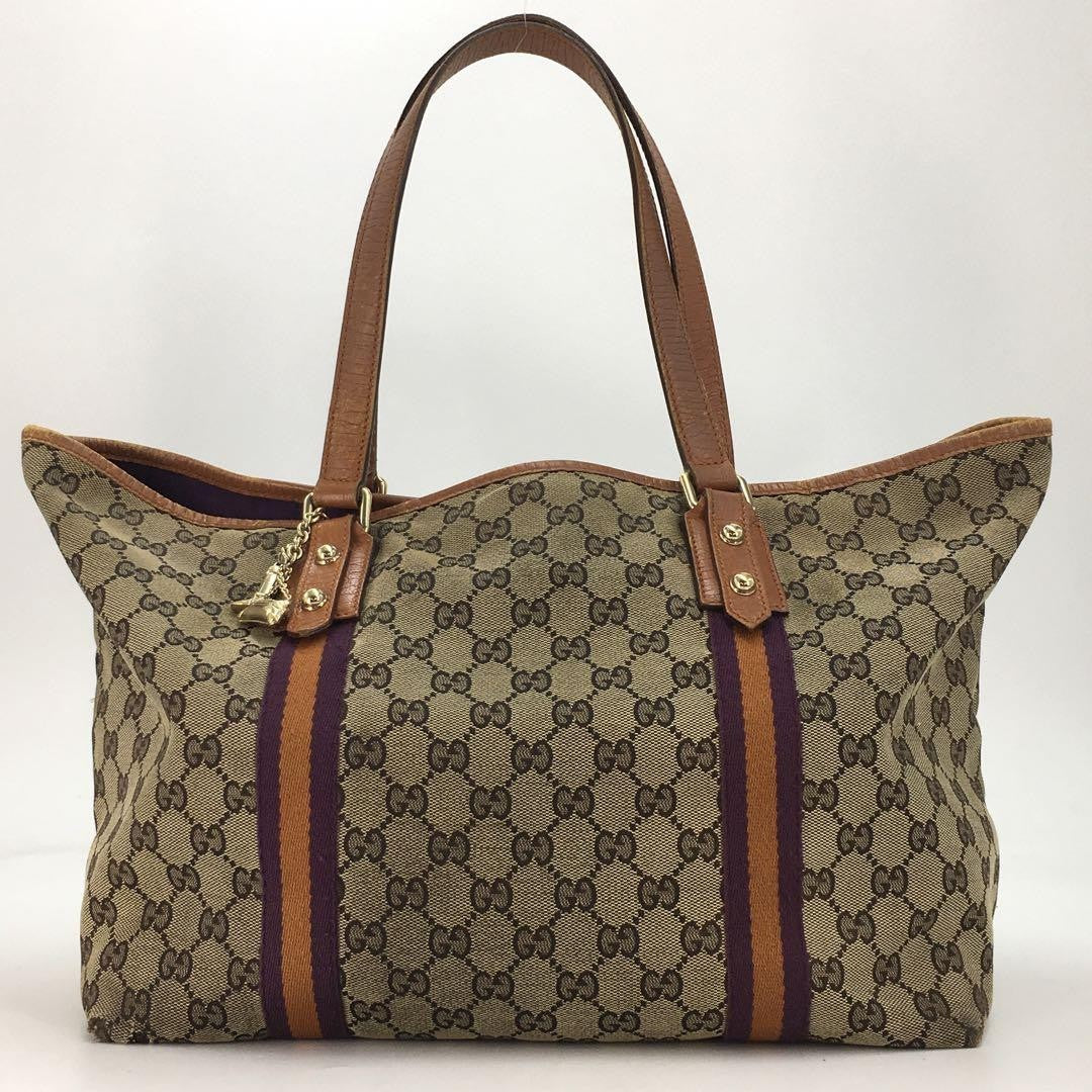 GUCCI Hand Bag Tote Purse GG Canvas Leather Brown Purple Authentic