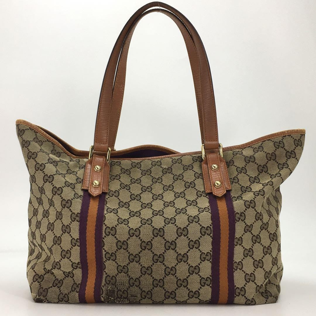 GUCCI Hand Bag Tote Purse GG Canvas Leather Brown Purple Authentic