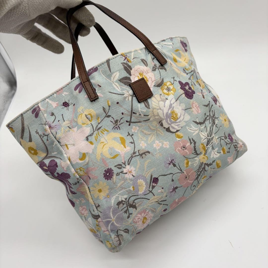 GUCCI Hand Bag Tote Purse Floral Canvas Leather Multicolor Authentic