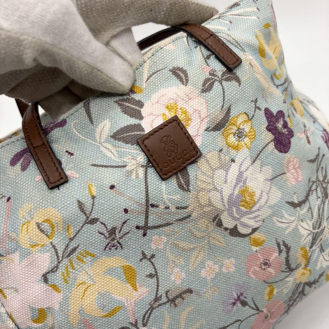 GUCCI Hand Bag Tote Purse Floral Canvas Leather Multicolor Authentic