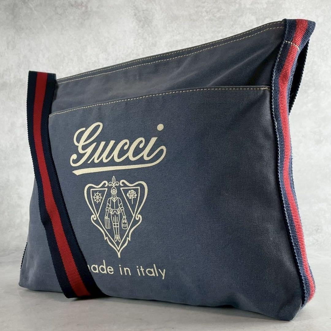 GUCCI Shoulder Bag Purse Sherry Line Canvas Leather Navy Authentic
