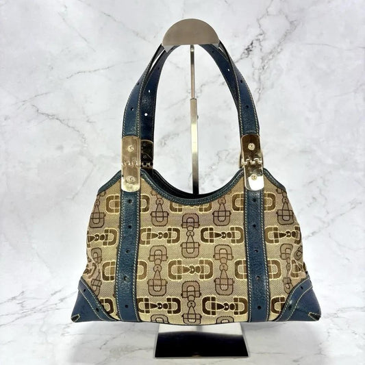GUCCI Hand Bag Tote Purse Horsebit Canvas Leather Brown Blue Authentic