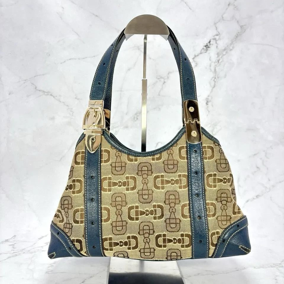 GUCCI Hand Bag Tote Purse Horsebit Canvas Leather Brown Blue Authentic