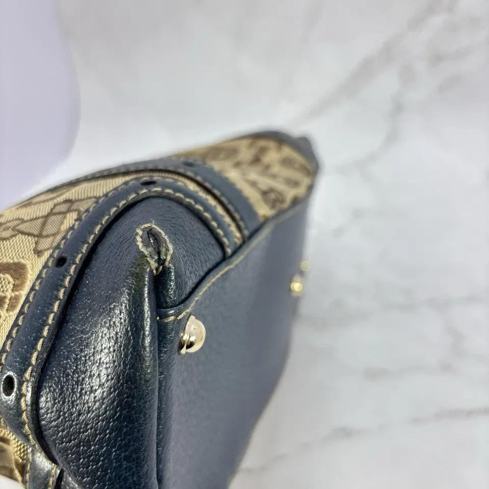 GUCCI Hand Bag Tote Purse Horsebit Canvas Leather Brown Blue Authentic