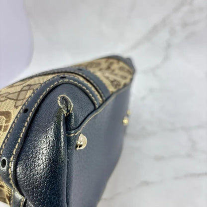 GUCCI Hand Bag Tote Purse Horsebit Canvas Leather Brown Blue Authentic