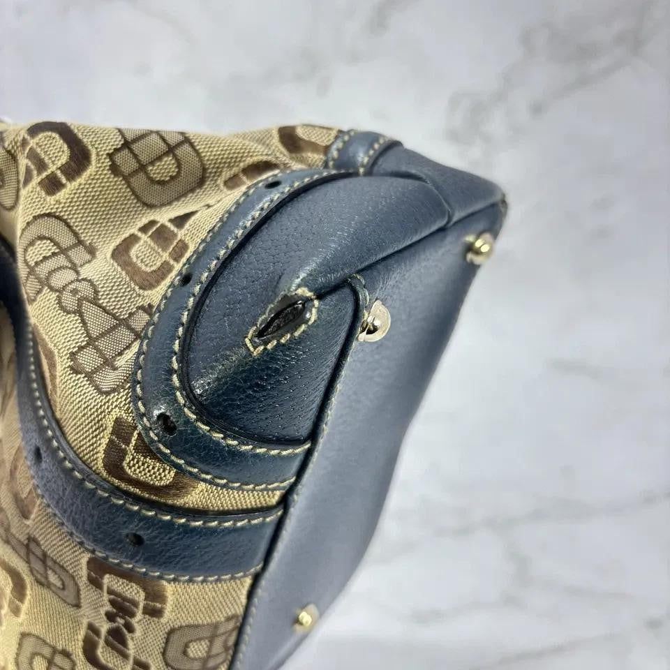 GUCCI Hand Bag Tote Purse Horsebit Canvas Leather Brown Blue Authentic