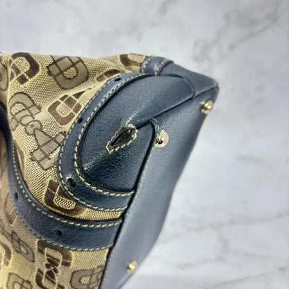 GUCCI Hand Bag Tote Purse Horsebit Canvas Leather Brown Blue Authentic