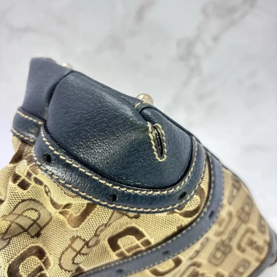 GUCCI Hand Bag Tote Purse Horsebit Canvas Leather Brown Blue Authentic