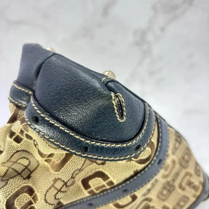 GUCCI Hand Bag Tote Purse Horsebit Canvas Leather Brown Blue Authentic