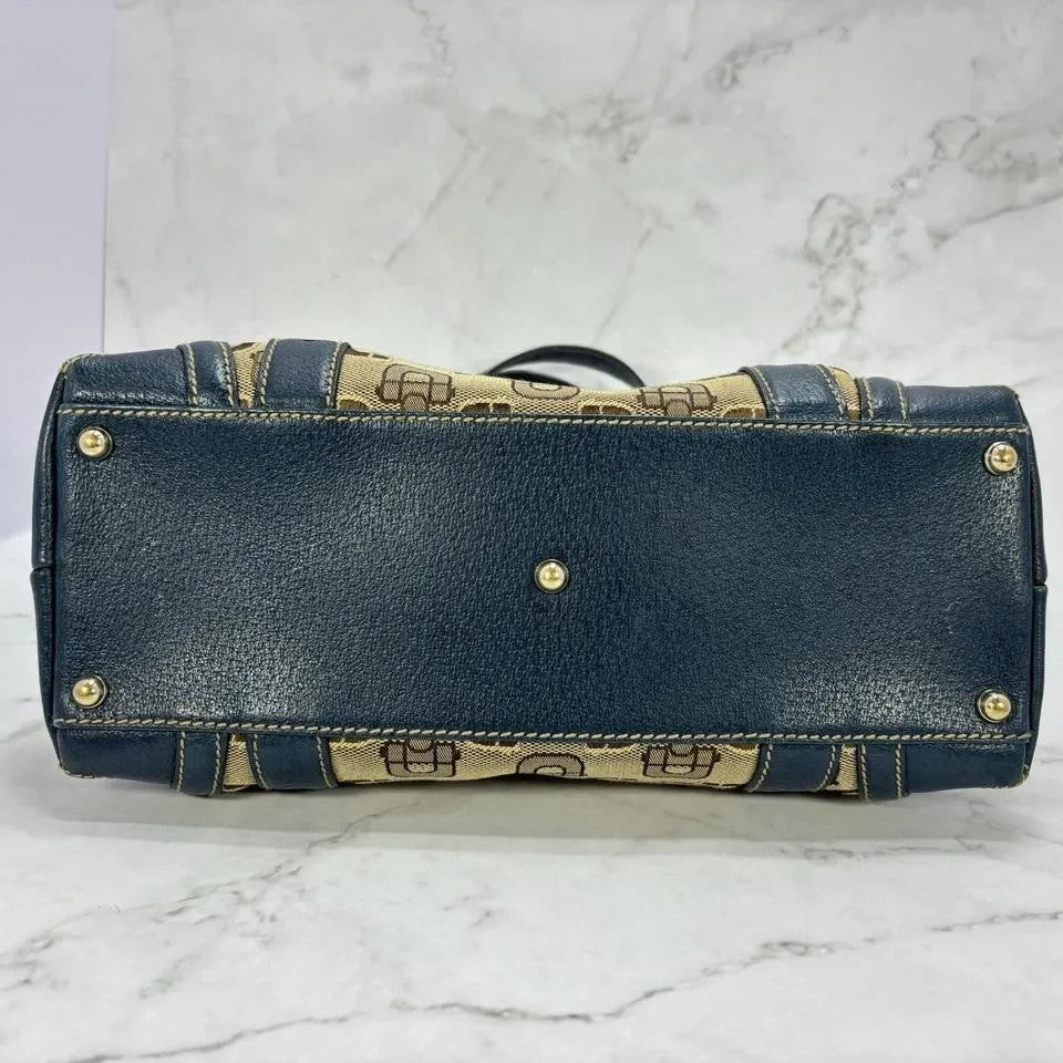 GUCCI Hand Bag Tote Purse Horsebit Canvas Leather Brown Blue Authentic