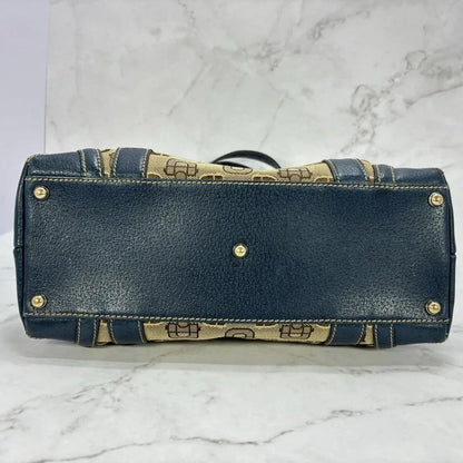 GUCCI Hand Bag Tote Purse Horsebit Canvas Leather Brown Blue Authentic