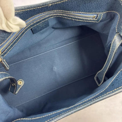 GUCCI Hand Bag Tote Purse Horsebit Canvas Leather Brown Blue Authentic