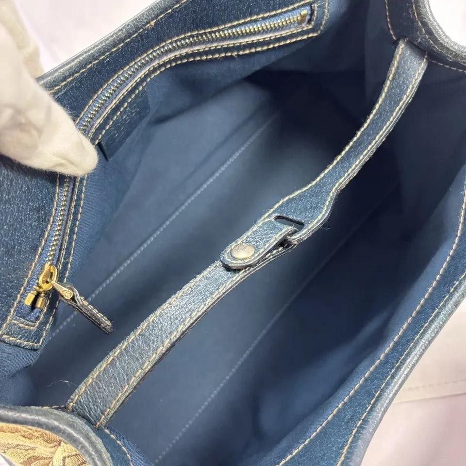 GUCCI Hand Bag Tote Purse Horsebit Canvas Leather Brown Blue Authentic