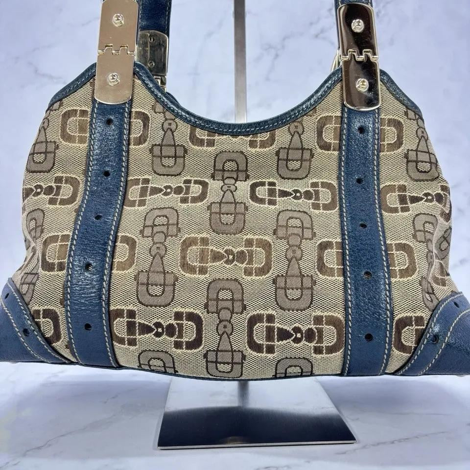 GUCCI Hand Bag Tote Purse Horsebit Canvas Leather Brown Blue Authentic