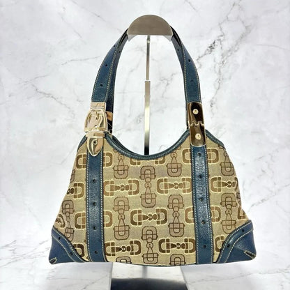 GUCCI Hand Bag Tote Purse Horsebit Canvas Leather Brown Blue Authentic