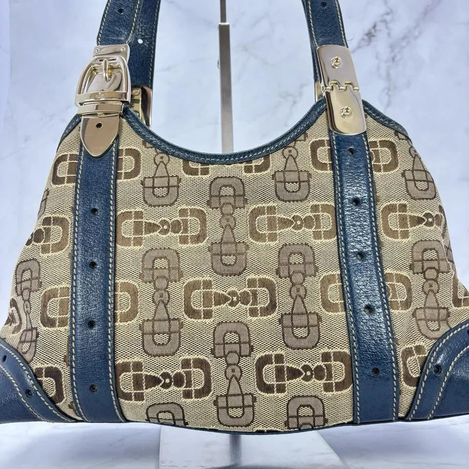 GUCCI Hand Bag Tote Purse Horsebit Canvas Leather Brown Blue Authentic