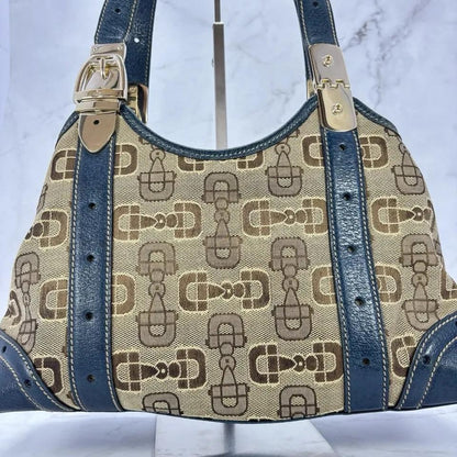 GUCCI Hand Bag Tote Purse Horsebit Canvas Leather Brown Blue Authentic