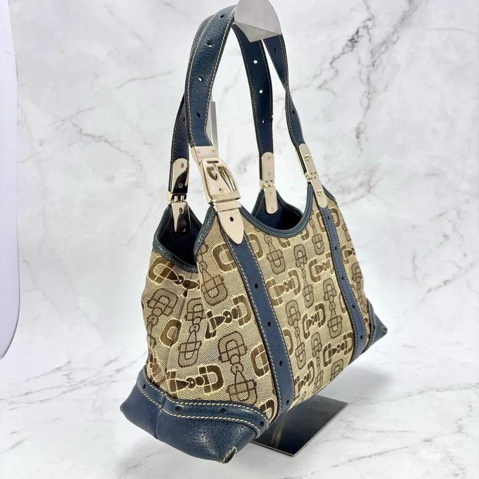 GUCCI Hand Bag Tote Purse Horsebit Canvas Leather Brown Blue Authentic