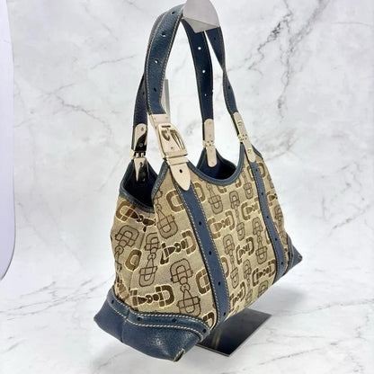 GUCCI Hand Bag Tote Purse Horsebit Canvas Leather Brown Blue Authentic