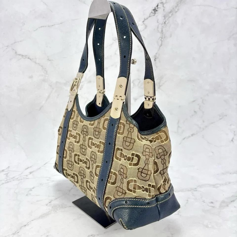 GUCCI Hand Bag Tote Purse Horsebit Canvas Leather Brown Blue Authentic