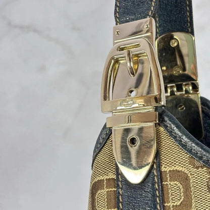 GUCCI Hand Bag Tote Purse Horsebit Canvas Leather Brown Blue Authentic