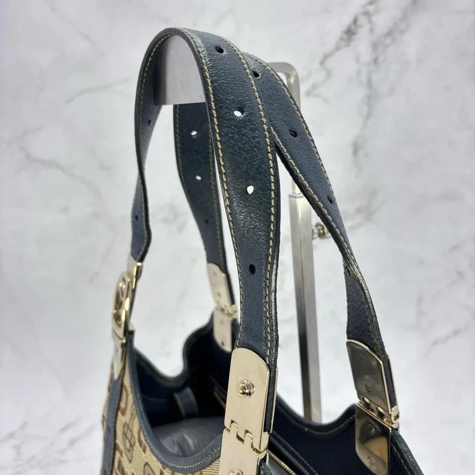 GUCCI Hand Bag Tote Purse Horsebit Canvas Leather Brown Blue Authentic