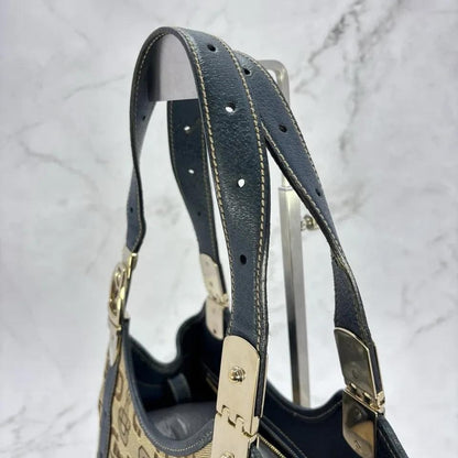 GUCCI Hand Bag Tote Purse Horsebit Canvas Leather Brown Blue Authentic