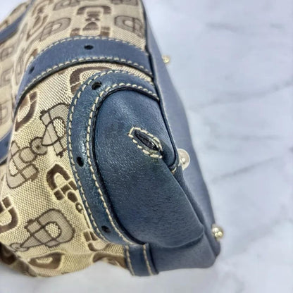 GUCCI Hand Bag Tote Purse Horsebit Canvas Leather Brown Blue Authentic